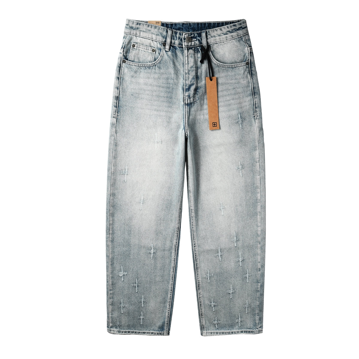 Men Streetwear Jeans Light Blue Washed with Cross Stitch Detail and Graphic Back Pocket Patch 3042