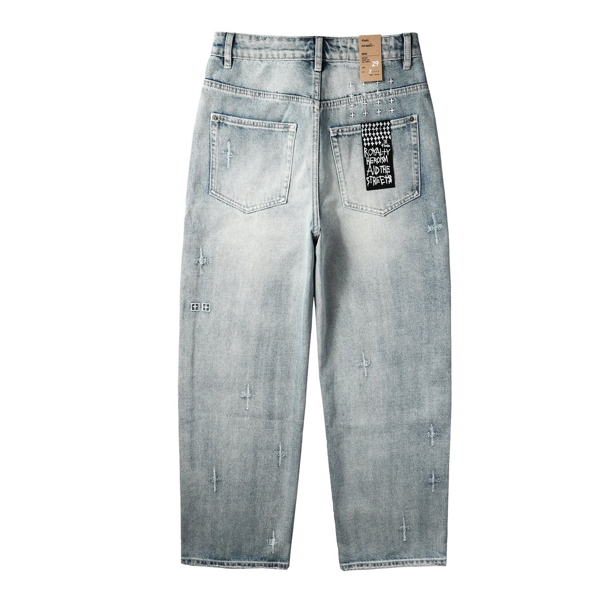 Men Streetwear Jeans Light Blue Washed with Cross Stitch Detail and Graphic Back Pocket Patch 3042