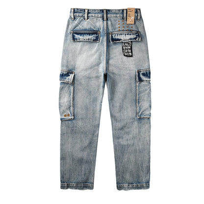 Y2K Style Baggy Light Blue Washed Cargo Jeans with Patchwork Pockets and Graffiti Print 3043