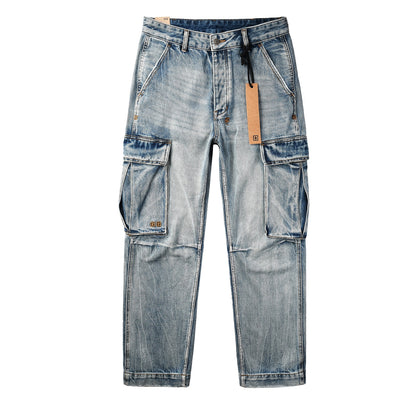 Y2K Style Baggy Light Blue Washed Cargo Jeans with Patchwork Pockets and Graffiti Print 3043