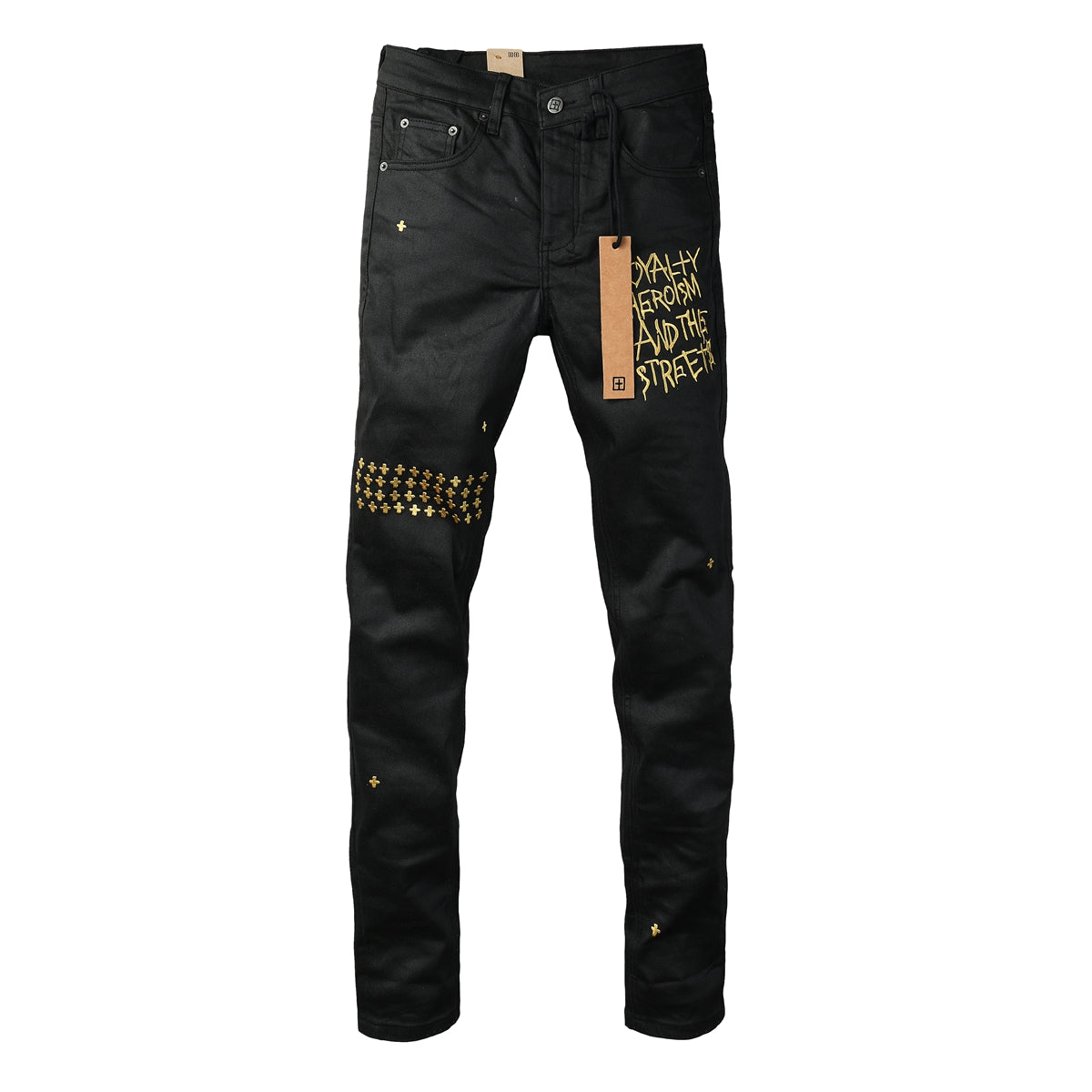 Edgy Streetwear Men’s Black Ripped Jeans with Graphic Back Print and Natural Fade Effect for Everyday Looks 3045