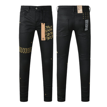 Edgy Streetwear Men’s Black Ripped Jeans with Graphic Back Print and Natural Fade Effect for Everyday Looks 3045