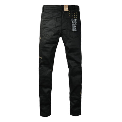 Edgy Streetwear Men’s Black Ripped Jeans with Graphic Back Print and Natural Fade Effect for Everyday Looks 3045