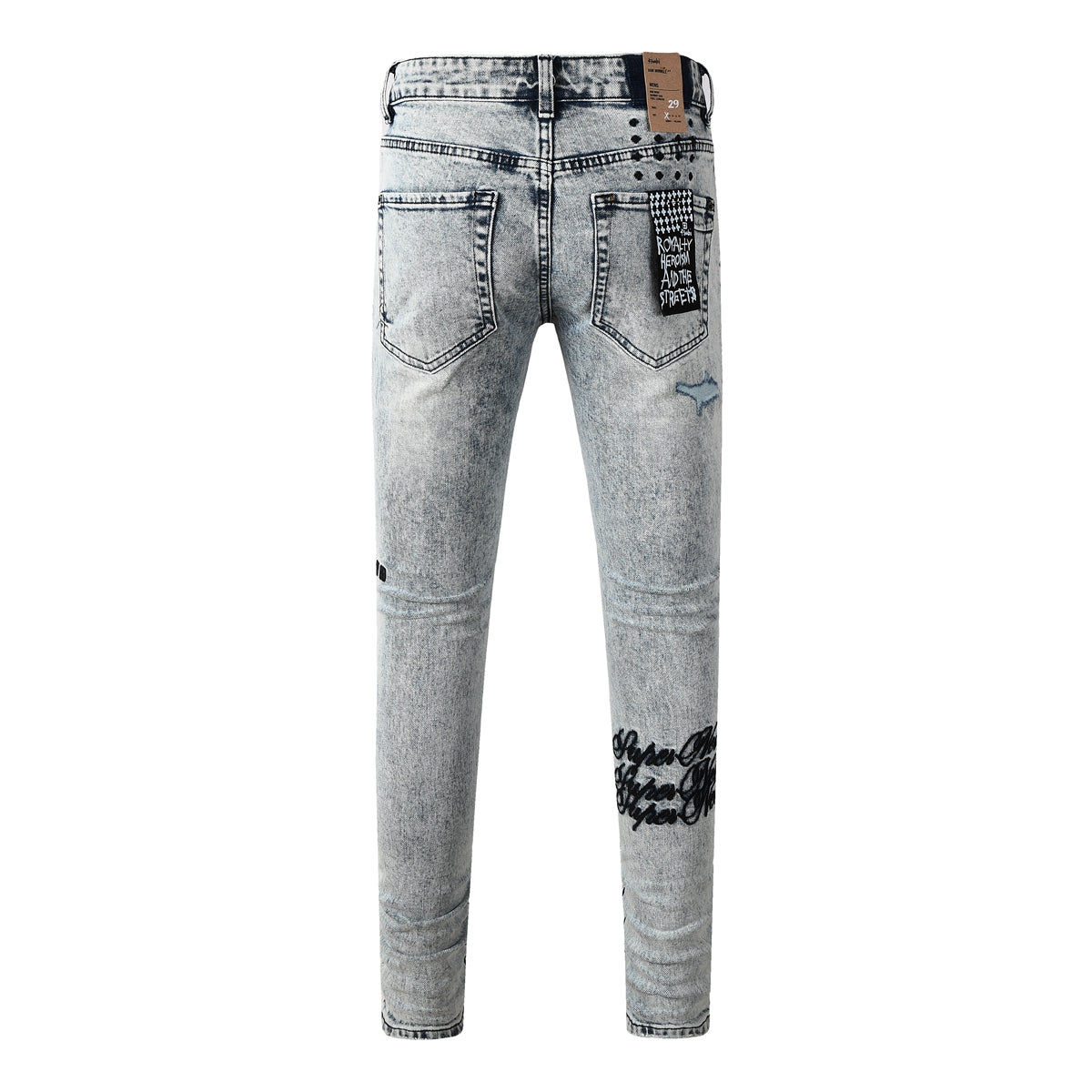 Men’s Edgy Light Washed Skinny Jeans with Distressed Details and Scripted Back Patch Print 3046