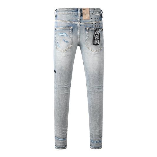 Men's Light Blue Slim Fit Distressed Jeans with Decorative Stitching, Graphic Patchwork, and Urban Street Style 3047
