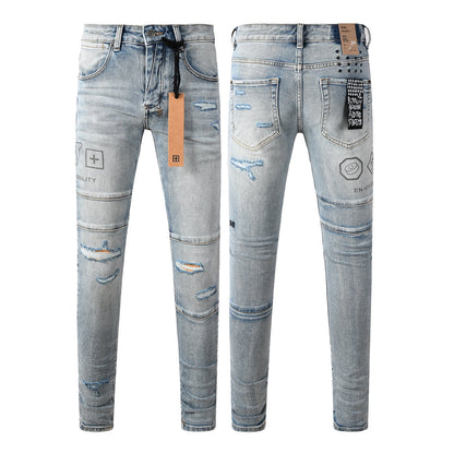 Edgy Streetwear Men’s Light Blue Ripped Skinny Jeans with Futuristic Symbol Graphic Patches and Heavy Distressing 3048