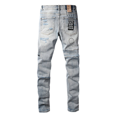 Edgy Streetwear Men’s Light Blue Ripped Skinny Jeans with Futuristic Symbol Graphic Patches and Heavy Distressing 3048