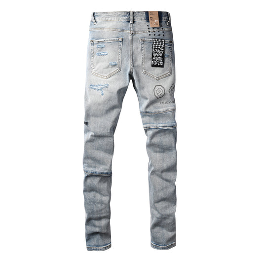 Edgy Streetwear Men’s Light Blue Ripped Skinny Jeans with Futuristic Symbol Graphic Patches and Heavy Distressing 3048