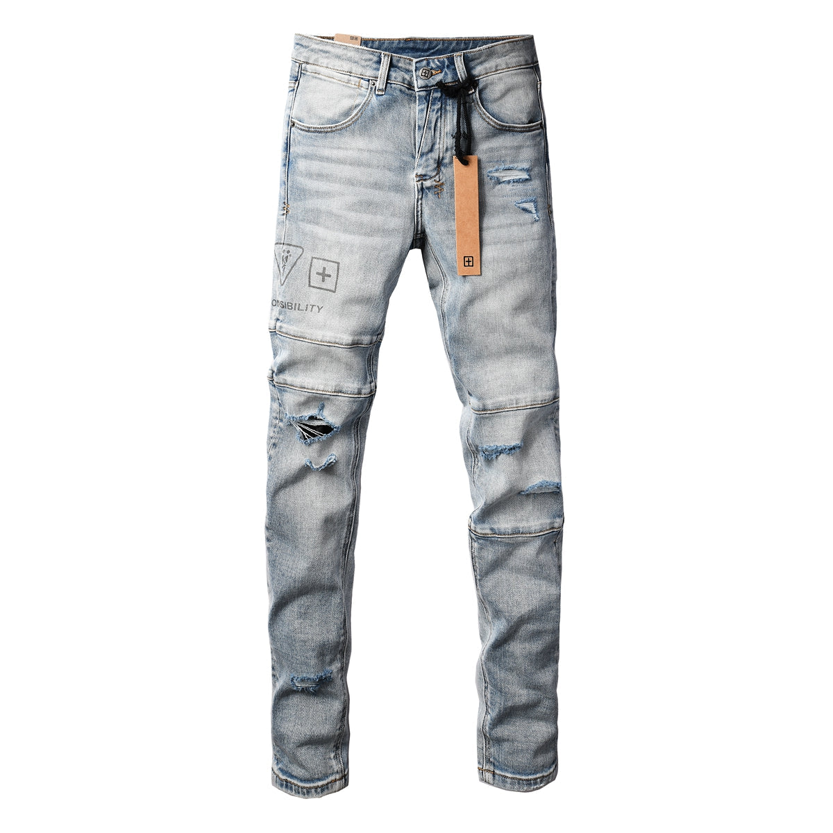Edgy Streetwear Men’s Light Blue Ripped Skinny Jeans with Futuristic Symbol Graphic Patches and Heavy Distressing 3048
