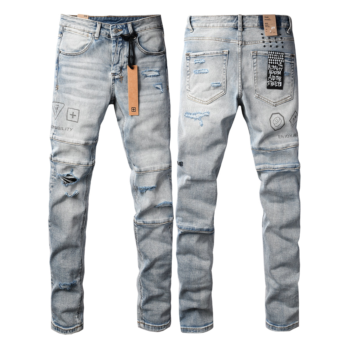 Edgy Streetwear Men’s Light Blue Ripped Skinny Jeans with Futuristic Symbol Graphic Patches and Heavy Distressing 3048