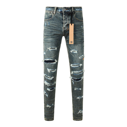 Men’s Dark Blue Heavy Ripped Skinny Jeans with Extreme Distressing and Back Graphic Patch for Street Style 3049