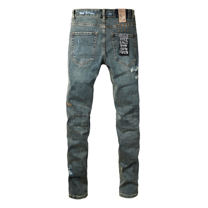 Men’s Dark Blue Heavy Ripped Skinny Jeans with Extreme Distressing and Back Graphic Patch for Street Style 3049