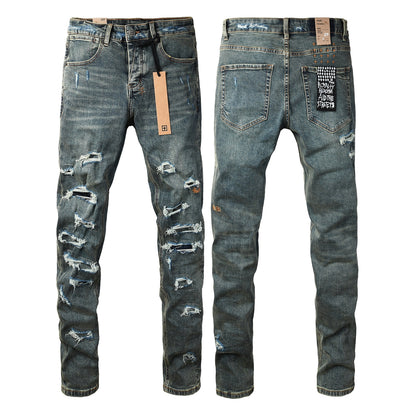 Men’s Dark Blue Heavy Ripped Skinny Jeans with Extreme Distressing and Back Graphic Patch for Street Style 3049