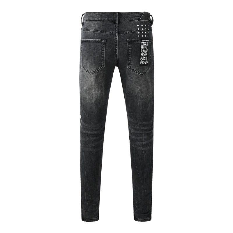 Men's Distressed Black Washed Jeans Slim Fit Stretch Denim Pants Streetwear Letter Print Ripped Skinny Jeans 3050