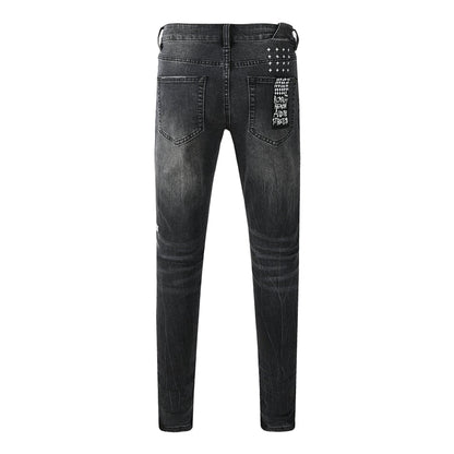 Men's Distressed Black Washed Jeans Slim Fit Stretch Denim Pants Streetwear Letter Print Ripped Skinny Jeans 3050