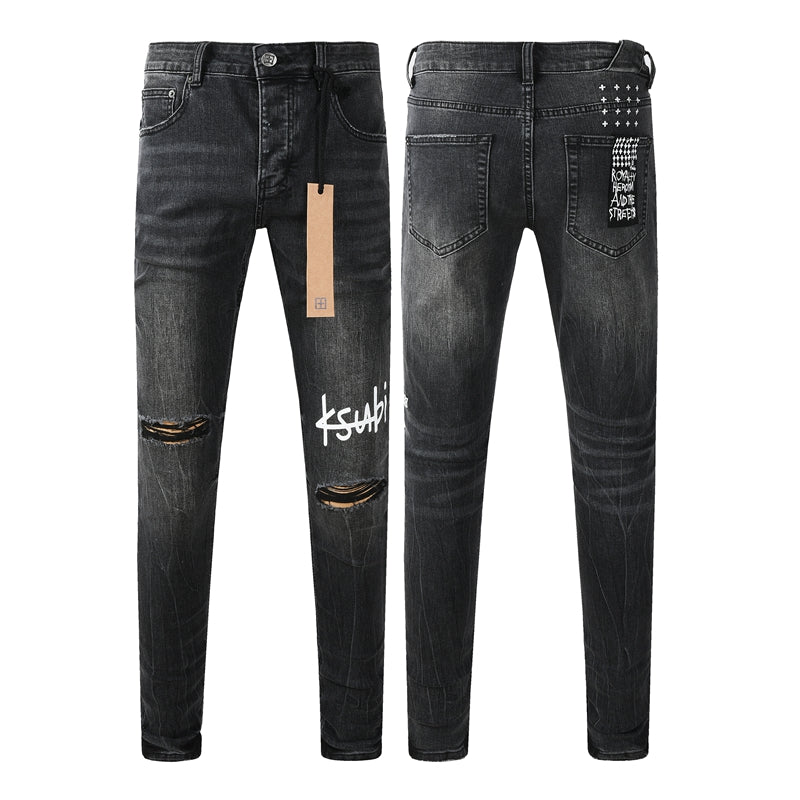 Men's Distressed Black Washed Jeans Slim Fit Stretch Denim Pants Streetwear Letter Print Ripped Skinny Jeans 3050