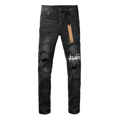 Men's Distressed Black Washed Jeans Slim Fit Stretch Denim Pants Streetwear Letter Print Ripped Skinny Jeans 3050