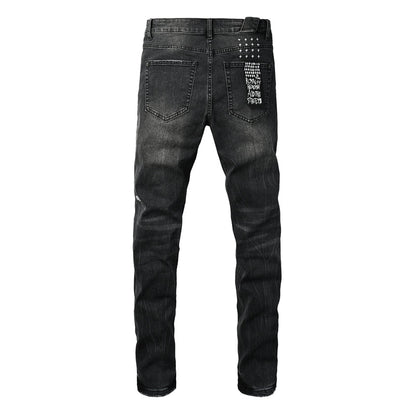 Men's Distressed Black Washed Jeans Slim Fit Stretch Denim Pants Streetwear Letter Print Ripped Skinny Jeans 3050