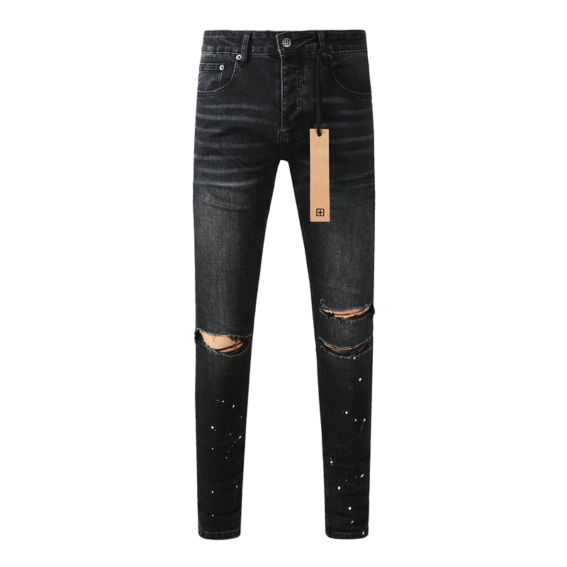 Slim Fit Distressed Black Denim Pants for Men with Knee Rips and White ...
