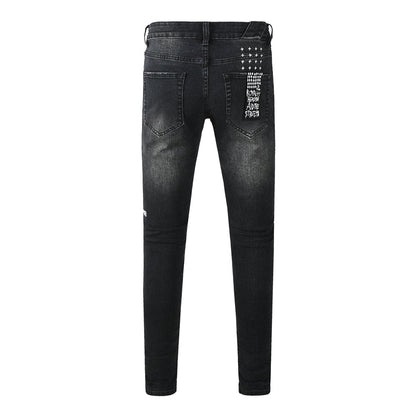 Men's Black Distressed Jeans Graffiti Letter Print Slim Fit Stretch Denim Pants Streetwear Ripped Skinny Jeans 3053