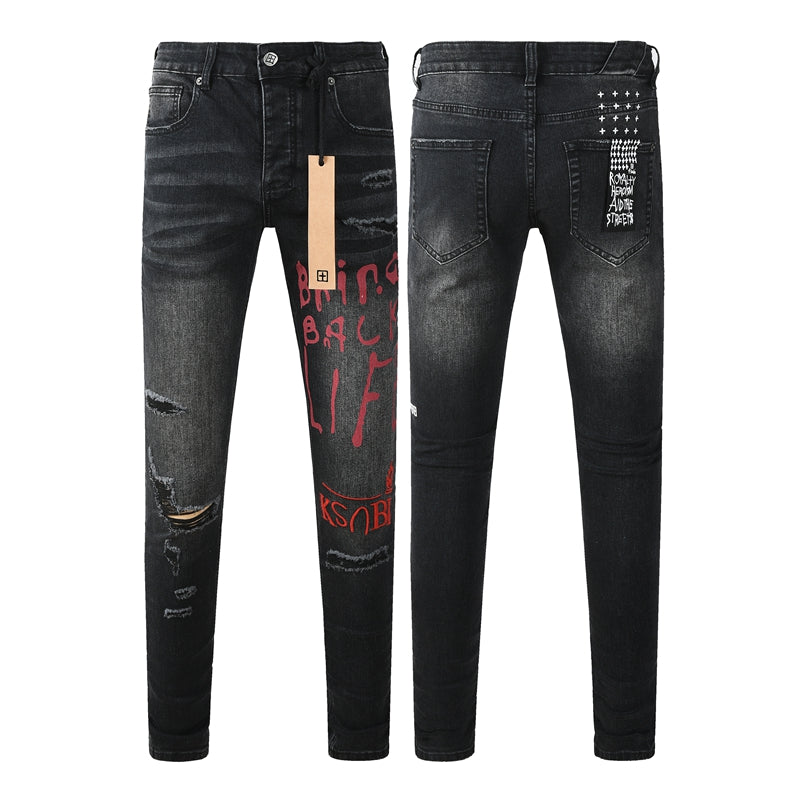 Men's Black Distressed Jeans Graffiti Letter Print Slim Fit Stretch Denim Pants Streetwear Ripped Skinny Jeans 3053