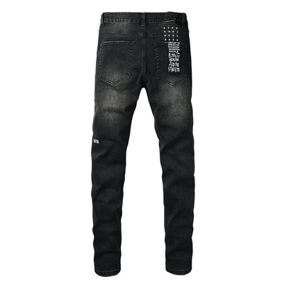 Men's Black Distressed Jeans Graffiti Letter Print Slim Fit Stretch Denim Pants Streetwear Ripped Skinny Jeans 3053