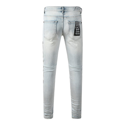 Men's Vintage Light Blue Denim Jeans Destroyed Ripped Slim Fit Fashion Street Style Long Pants 3054