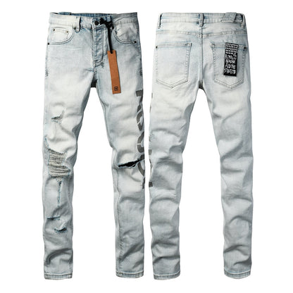 Men's Vintage Light Blue Denim Jeans Destroyed Ripped Slim Fit Fashion Street Style Long Pants 3054