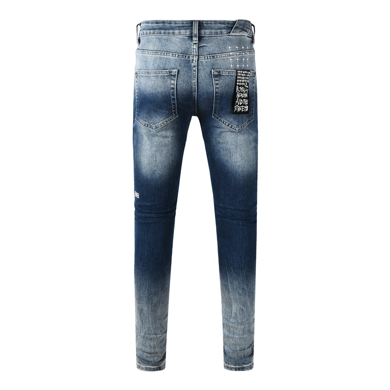 Men's Vintage Blue Washed Jeans Slim Fit Stretch Denim Pants Distressed Letter Print Casual Trousers 3055