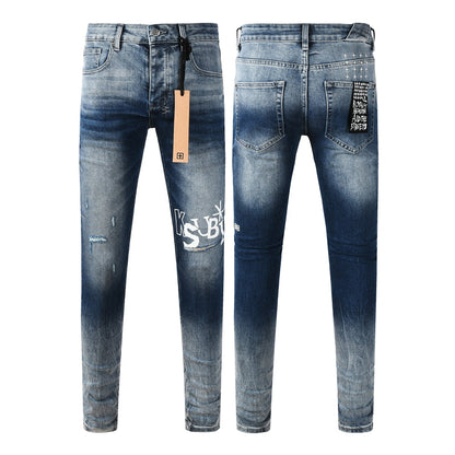 Men's Vintage Blue Washed Jeans Slim Fit Stretch Denim Pants Distressed Letter Print Casual Trousers 3055