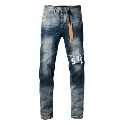 Men's Vintage Blue Washed Jeans Slim Fit Stretch Denim Pants Distressed Letter Print Casual Trousers 3055