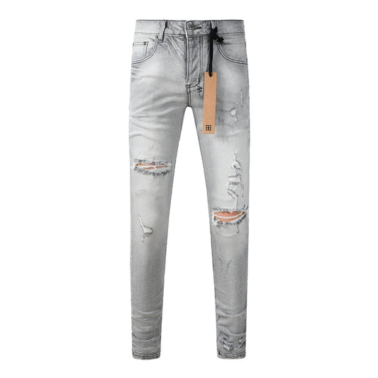 Men's Light Grey Distressed Jeans Slim Fit Stretch Denim Pants Ripped Casual Streetwear Fashion Trousers 3056