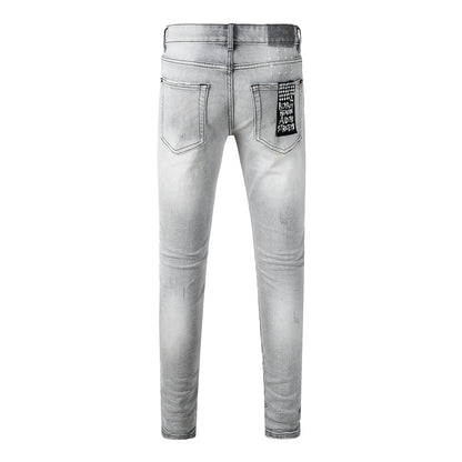 Men's Light Grey Distressed Jeans Slim Fit Stretch Denim Pants Ripped Casual Streetwear Fashion Trousers 3056