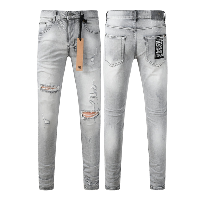 Men's Light Grey Distressed Jeans Slim Fit Stretch Denim Pants Ripped Casual Streetwear Fashion Trousers 3056