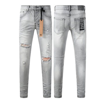 Men's Light Grey Distressed Jeans Slim Fit Stretch Denim Pants Ripped Casual Streetwear Fashion Trousers 3056