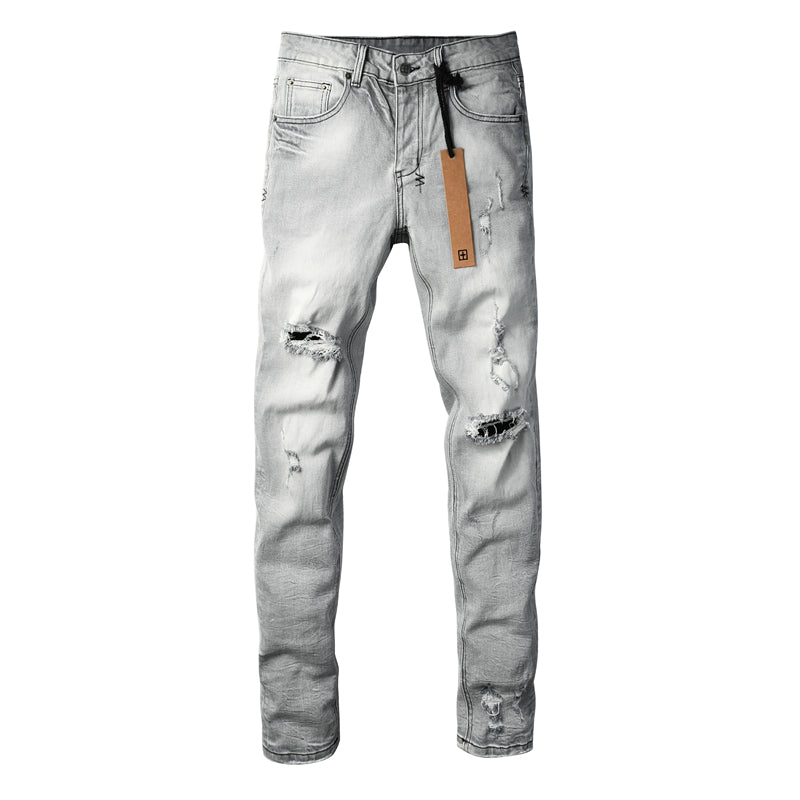 Men's Light Grey Distressed Jeans Slim Fit Stretch Denim Pants Ripped Casual Streetwear Fashion Trousers 3056