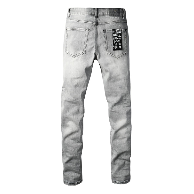 Men's Light Grey Distressed Jeans Slim Fit Stretch Denim Pants Ripped Casual Streetwear Fashion Trousers 3056
