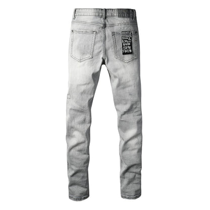 Men's Light Grey Distressed Jeans Slim Fit Stretch Denim Pants Ripped Casual Streetwear Fashion Trousers 3056