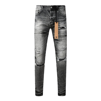 Men's Vintage Grey Washed Denim Jeans Destroyed Ripped Slim Fit Casual Street Style Long Pants 3057