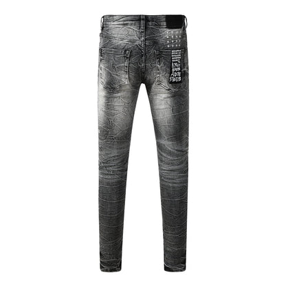 Men's Vintage Grey Washed Denim Jeans Destroyed Ripped Slim Fit Casual Street Style Long Pants 3057
