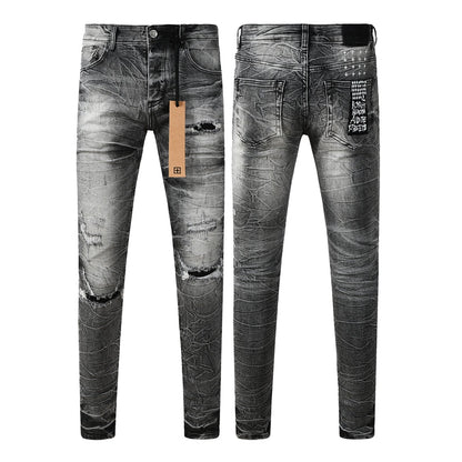 Men's Vintage Grey Washed Denim Jeans Destroyed Ripped Slim Fit Casual Street Style Long Pants 3057