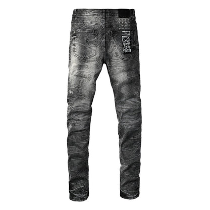 Men's Vintage Grey Washed Denim Jeans Destroyed Ripped Slim Fit Casual Street Style Long Pants 3057