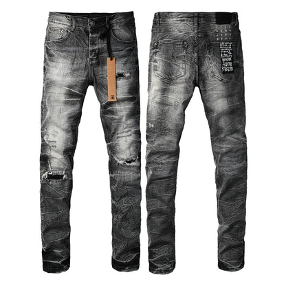 Men's Vintage Grey Washed Denim Jeans Destroyed Ripped Slim Fit Casual Street Style Long Pants 3057