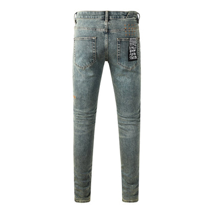 Men's Light Blue Denim Jeans Slim Fit Stretch Washed Casual Street Style Fashion Long Pants 3058