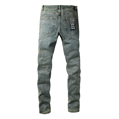 Men's Light Blue Denim Jeans Slim Fit Stretch Washed Casual Street Style Fashion Long Pants 3058