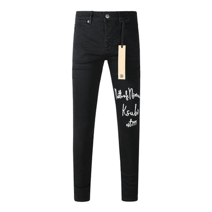 Men's Black Skinny Jeans Graphic Letter Print Slim Fit Stretch Denim Pants Casual Streetwear Trousers 3059