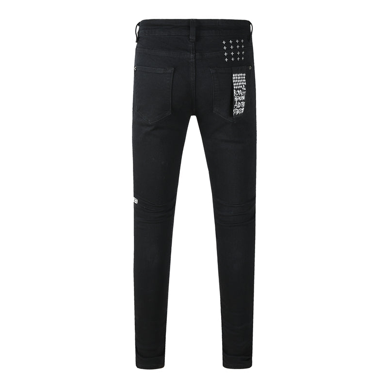Men's Black Skinny Jeans Graphic Letter Print Slim Fit Stretch Denim Pants Casual Streetwear Trousers 3059