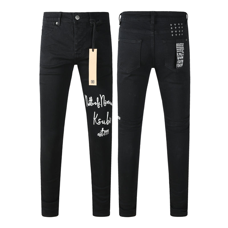 Men's Black Skinny Jeans Graphic Letter Print Slim Fit Stretch Denim Pants Casual Streetwear Trousers 3059