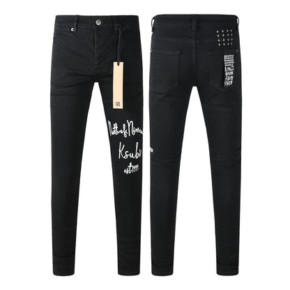 Men's Black Skinny Jeans Graphic Letter Print Slim Fit Stretch Denim Pants Casual Streetwear Trousers 3059