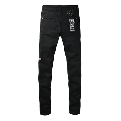 Men's Black Skinny Jeans Graphic Letter Print Slim Fit Stretch Denim Pants Casual Streetwear Trousers 3059